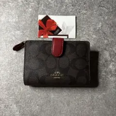 COACH コーチ ミディアム コーナー ウォレット 短財布 ブラウン レッドのサムネイル