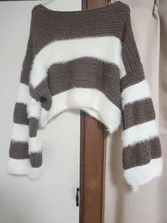 ブラウンホワイトストライプ クロップドニット