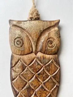 美品 フクロウ 梟 木彫り 飾り オーナメント 壁掛け 金箔 木製 ナチュラル