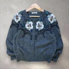 花柄刺繍 ビーズ付きニットカーディガン ヴィンテージニット ウール レトロ 平成