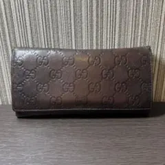 グッチ 二つ折り長財布 フラップ シマ レザー GG型押し ダークブラウン