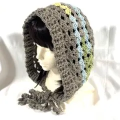 グレージュ② フード帽　ボンネット　アクリル　ハンドメイド