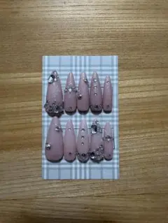 ピンク ストーン装飾 ロングオーバルネイルチップ 10個セット・現品