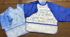長袖お食事エプロン 青色 2枚セット 男の子 電車柄