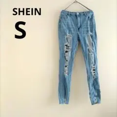 SHEIN ダメージ スキニーデニム S ライトブルー ボトムス レディース