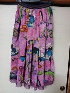 アルベロベロ　アートプリント 　フレアスカート　ピンク　【最終お値下げ！！】