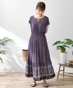 【新品未使用】サニーレーベル パネルプリントクレープワンピース ブラック系フリー