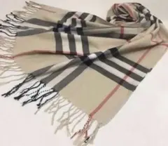 ◇パシュミナストール　大判ストール　チェック柄　ライトベージュ　パシュミナ