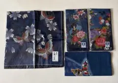 藍染紺色 蝶と花、着物模様　4枚セット