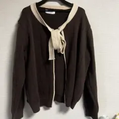 茶色 ニット カーディガン リボン付き 可愛い