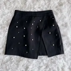 黒 パール装飾 ラップスカート