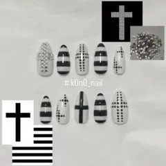 12現品ネイルチップ シズニルック 十字架 y2k ウィッシュコア 韓国 白黒