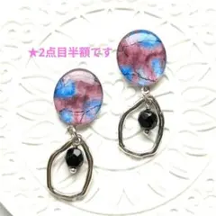 No.24揺れるピアスイヤリング　ハンドメイド　レジン　ブルーとレッド系