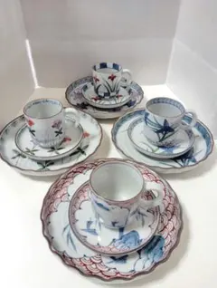 有田焼　華山　母屋谷窯　染錦　絵変わり　碗皿と中皿　各4