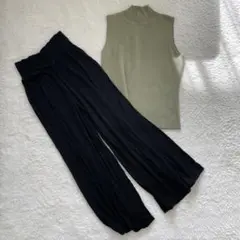 オリーブグリーンノースリーブとブラックパンツの2点セット