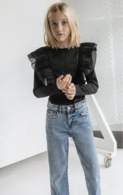 新品☆ZARA ザラ フリル付きシャイニートップス ブラック