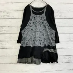 レース切替 チュニック ブラック M相当 七分袖 春秋冬 レイヤード✨レディース