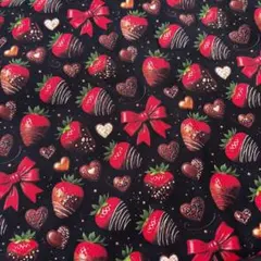 yukie限定1㍍長立体視感チョコレート苺リボン柄綿シーチングプリント生地ハギレ