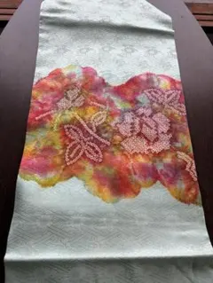 アンティーク名古屋帯☆淡いミントグリーンの小紋柄ベースにしぼりなどの古典柄