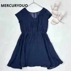 u136 MERCURYDUO シフォンワンピース 半袖 フレア チェック 紺