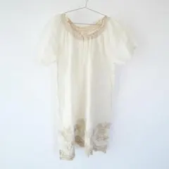 USED 古着 アイボリー お花 刺繍 コットン 薄手 シアー ミニ ワンピース