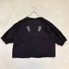 yn498 サマンサモスモス フラワー刺繍ブラウス 黒 七分袖 コットン100%