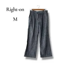 Right-on リネン風ワイドパンツ M ブルーグレー レディース 麻混