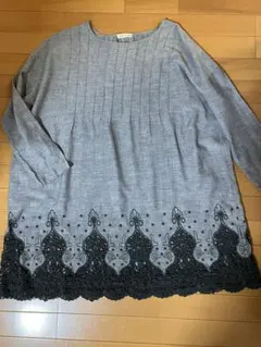 pual ce cin グレー 刺繍•レース入り五分袖チュニック