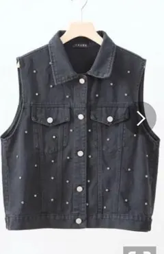 ストーン装飾 ブラックデニムベスト Mサイズ