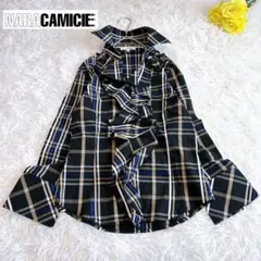 【美品✨ナラカミーチェ】襟付きチェックフロントフリルブラウス 七分袖 ストレッチ