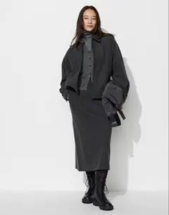 【美品】ユニクロ　ブラッシュドジャージーナロースカート　ダークグレー　裾上げ済み