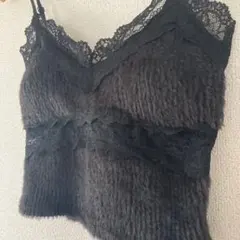 美品 ミームセレクト 上品レース×ふわふわシャギービスチェ キャミソール 黒のサムネイル