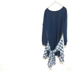 Live in comfort ネイビー 長袖Tシャツ チェック柄飾りシャツL