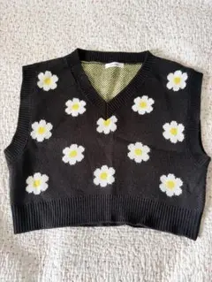 INGNI 花柄刺繍 Vネック ニットベスト 黒