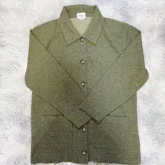 オススメ✨古着　レトロ　長袖　襟付き　モスグリーン　カーディガン　カーキー　L