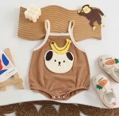 犬とバナナ刺繍のロンパース ベビー服　60サイズ