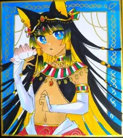 手描きイラスト 304】オリジナルアナログ原画色紙 猫「アヌビス神娘の
