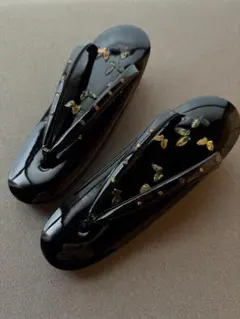 草履　未使用　螺鈿　蝶　黒