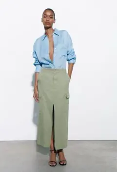 ZARA リネンブレンドカーゴミディレングス スカート　タグ付き新品