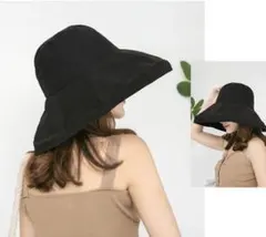 つば広ハット　UVカット　女優帽子　レディース　小顔効果 日よけ 折りたたみ　黒
