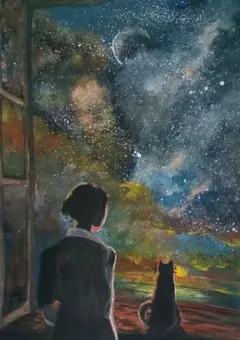 手描きイラスト　アナログイラスト　水彩画　原画　猫　宇宙