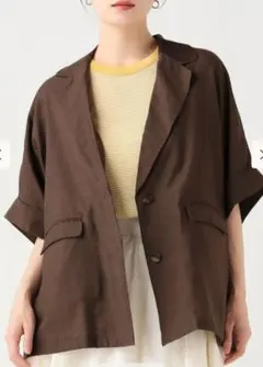 BEAMS【夏も涼しい麻レーヨン】フレンチ半袖ジャケット　ブラウンのサムネイル