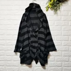 衣女路（M）黒×グレー ロングニットカーディガン カシュクール風