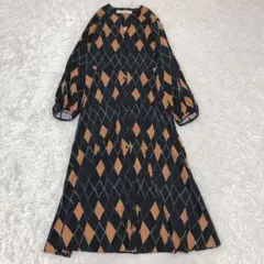 ラグナムーン　アーガイル　ロング　シャツワンピース　ブラック　オレンジ