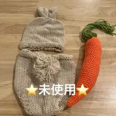 【ニューボーンフォト】ウサギ耳付きニット帽とオムツセット（未使用）