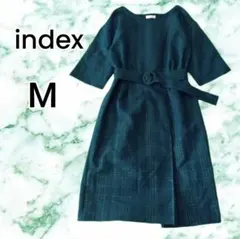 【index】グリーン チェック 半袖 ウエストリボン 膝下丈 ワンピース М