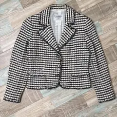 香奈兒 CHANEL 粗花呢外套 千鳥格紋 雙C鈕扣 40 白色 黑色