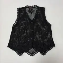 vintage黒レースベスト 花ボタン 透け感 ゴシック Y2K グランジ 古着