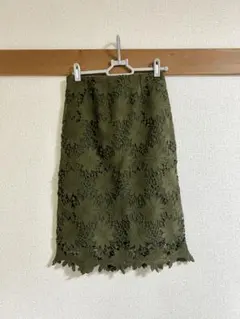 【N.】オリーブ色 花柄レースタイトスカート 秋冬用