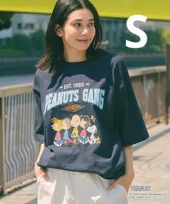 PEANUTS ピーナッツ 別注 カレッジロゴ ルーズ半袖Tシャツ　ネイビーSのサムネイル